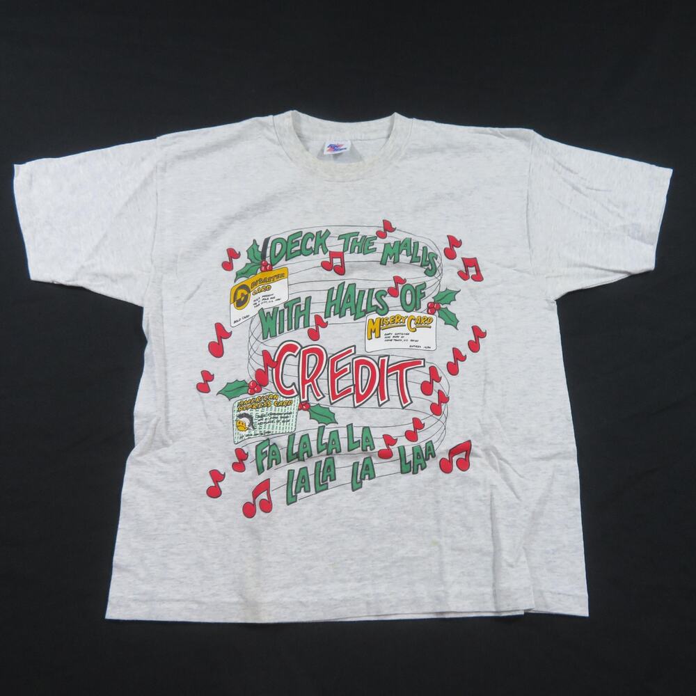 Funny Christmas Song Deck The Malls with Credit Parody Gray T-shirt Sz L 1990s